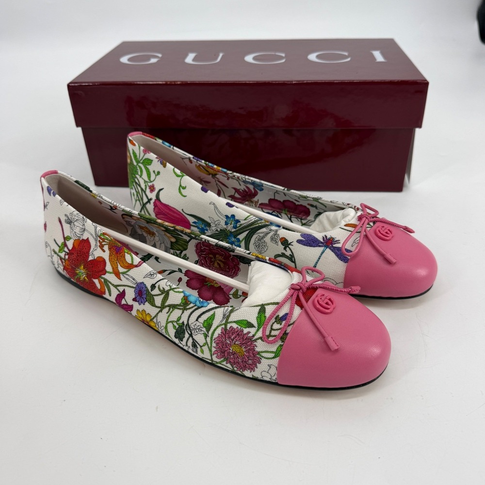 Gucci Flora Faded Print Ballet Flats Pink Cap Toe Bow Shoes IT 40 NIB